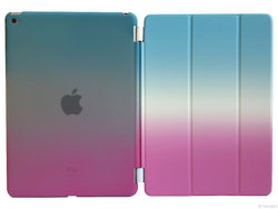 Etui iPad Air 2, couleur bleu blanc change en rose avec arrière transparent - Présentation au complet