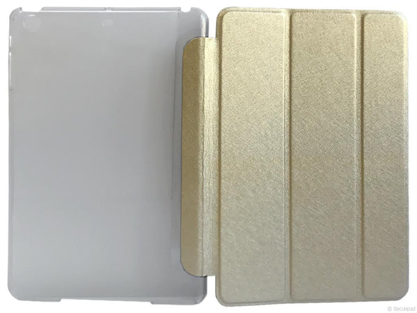 Etui iPad Mini 1 2 ou 3, couleur or avec arrière transparent - Présentation au complet