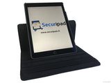 Etui iPad Air 1, couleur noir avec fente pour logo - Présentation de la face avant en support vertical