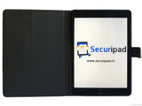 Etui iPad Air 2, couleur noir avec smiley "Touche pas mon iPad" - Présentation une fois ouvert